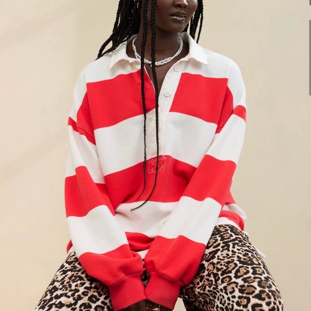 aerie Red and White Striped Rugby Pullover Sweatshirt